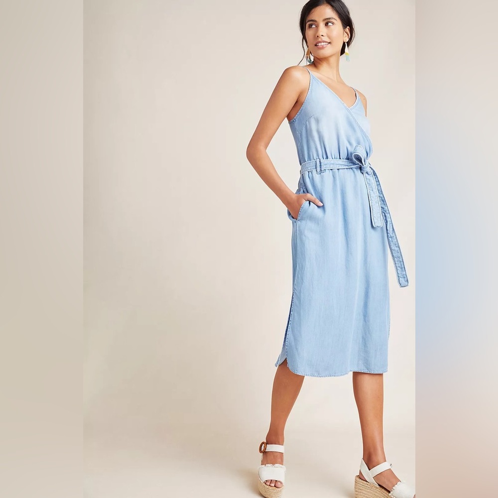 Cloth & Stone Anthropologie Surplice Chambray Midi Dress Side Slits Tie Waist XS